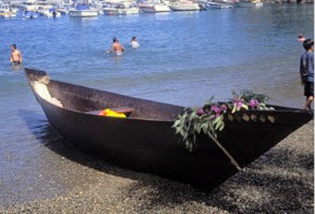 This ti'at, called Moomat ˜Ahiko or "breath of the ocean" voyaged from Long Beach to Catalina in 1996. Similar vessels would have been used for fishing and trade between the other islands and the mainland (Photo: Bill Bushing)