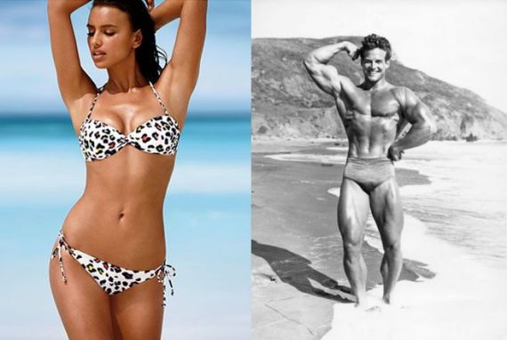 Humans display sexual dimorphism: female left (Beauty Dart Bathing Beauty); male right (a young Steve Reeves before he became Hercules)
