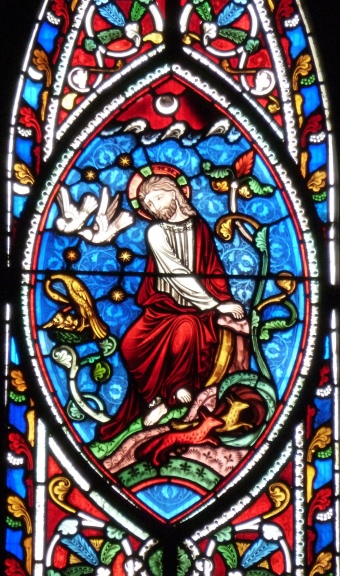 Stained glass of Jesus, birds and foxes (Glass Angel)